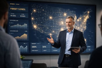  Operations director reviewing multi-state broadband network performance