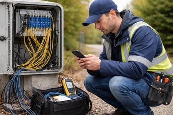 Fiber technician activating service at an outdoor junction box using a mobile device.