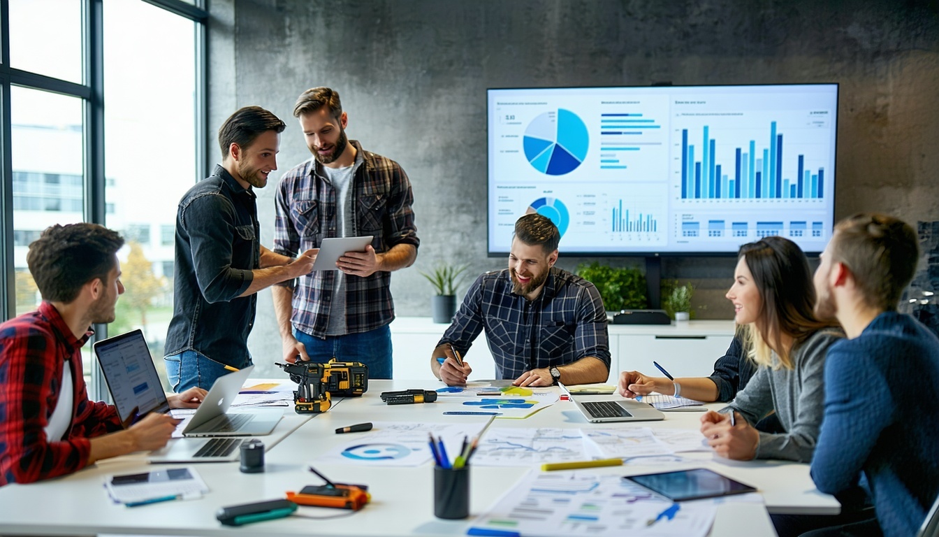 The image depicts a bustling field service operation in a modern office setting In the foreground a diverse team of professionals including men and women of varying ethnic backgrounds is engaged in a brainstorming session around a large table filled-1