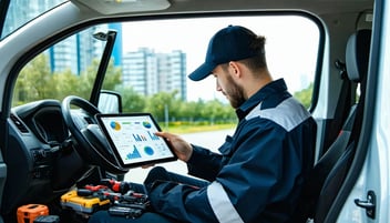 Service Field Operator in van reviewing numbers