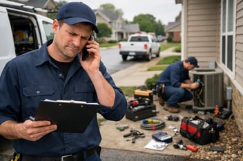 man on phone doing a repair job and being frustrated