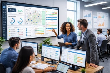Scaling field teams visuals with people in office discussion options.