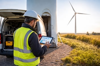 Maintenance person working on wind turbine fixes