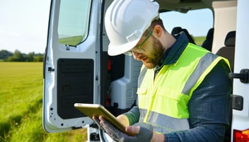 man in protective hat looking at tablet