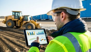 Man with ipad and charts working in field 