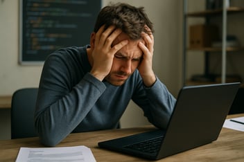 man head in hands in front of laptop
