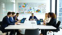 The image showcases a modern office environment where a diverse group of professionals including a CEO and technology leaders are gathered around a sleek conference table They are engaged in a dynamic discussion with digital tablets and laptops open