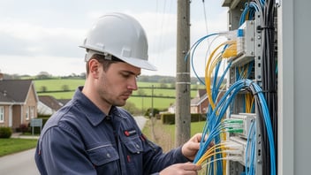 Fiber broadband technician installing fiber optic cable infrastructure during rural BEAD-funded network deployment