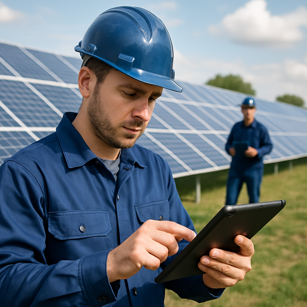 man working on a tablet in a solar field.