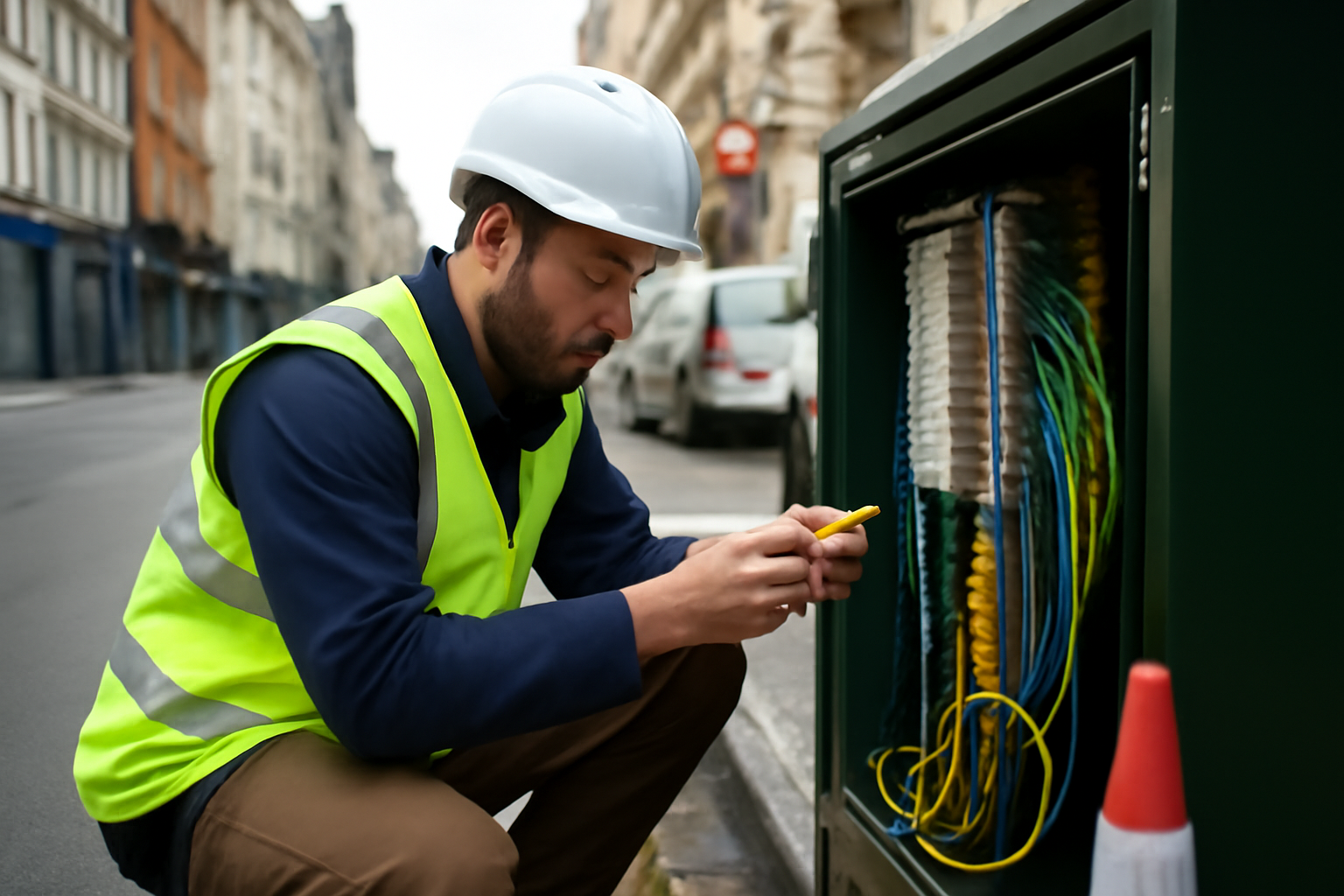 Field engineer working on telecoms in a city road.