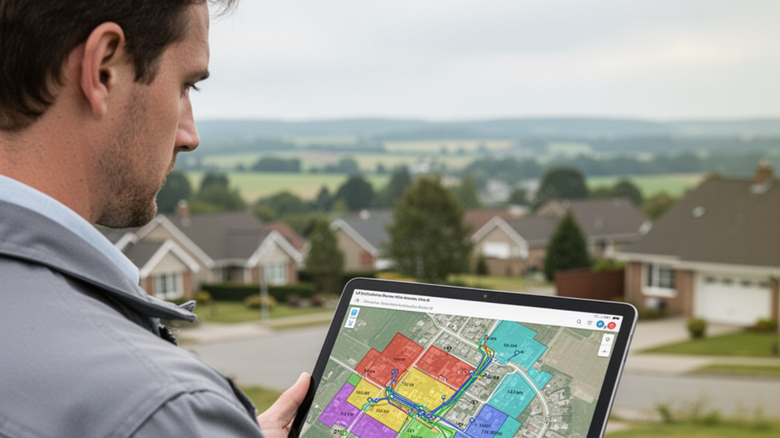 Fiber network planner reviewing GIS coverage map for greenfield broadband deployment